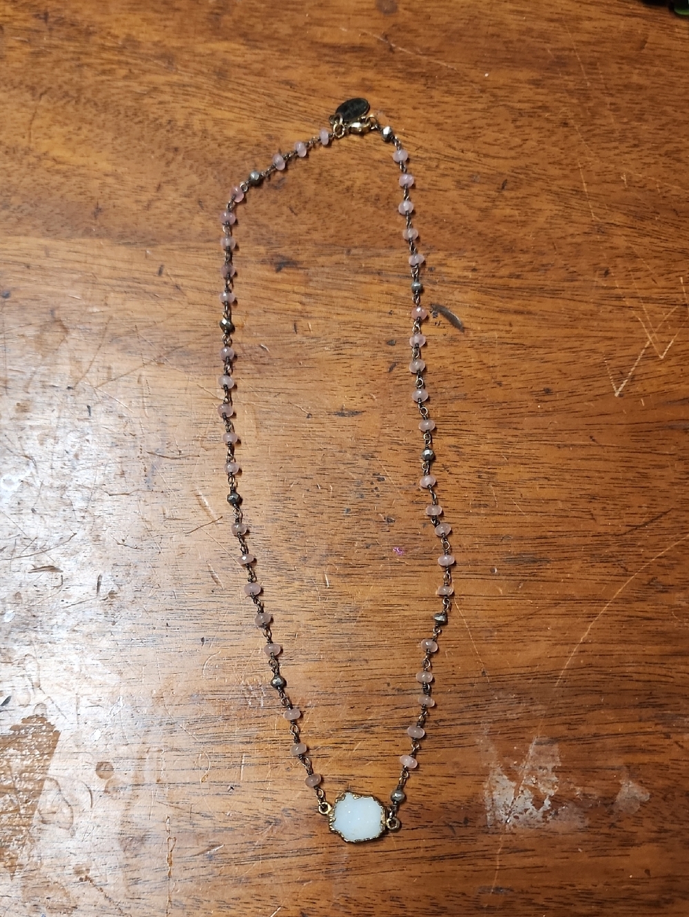 Mary Kathryn Delicate Pink Beaded Necklace with White Pendant